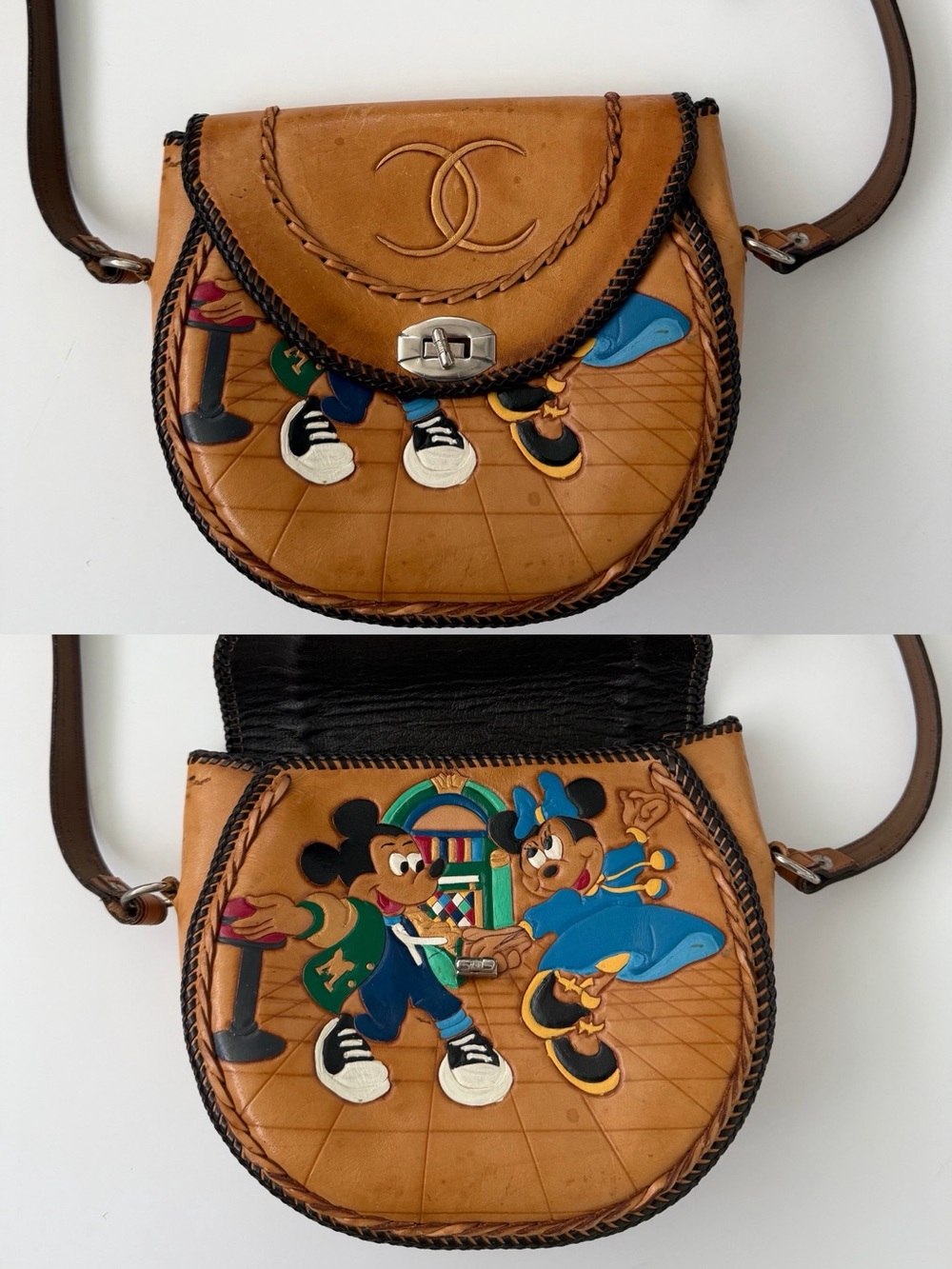 Vintage 70s handmade tooled Mickey and Minnie Leather shoulder bag